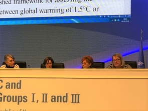 Liverman (far right) with Debra Roberts, Valerie Masson and UA alumna Petra Tschakert at the IPCC 48th Session in Incheon, Republic of Korea. The meeting, held Oct. 1-5, brought the authors together with government delegates to negotiate the final wording of the Summary for Policymakers. Liverman (far right) with Debra Roberts, Valerie Masson and UA alumna Petra Tschakert at the IPCC 48th Session in Incheon, Republic of Korea. The meeting, held Oct. 1-5, brought the authors together with government delegates to negotiate the final wording of the Summary for Policymakers.